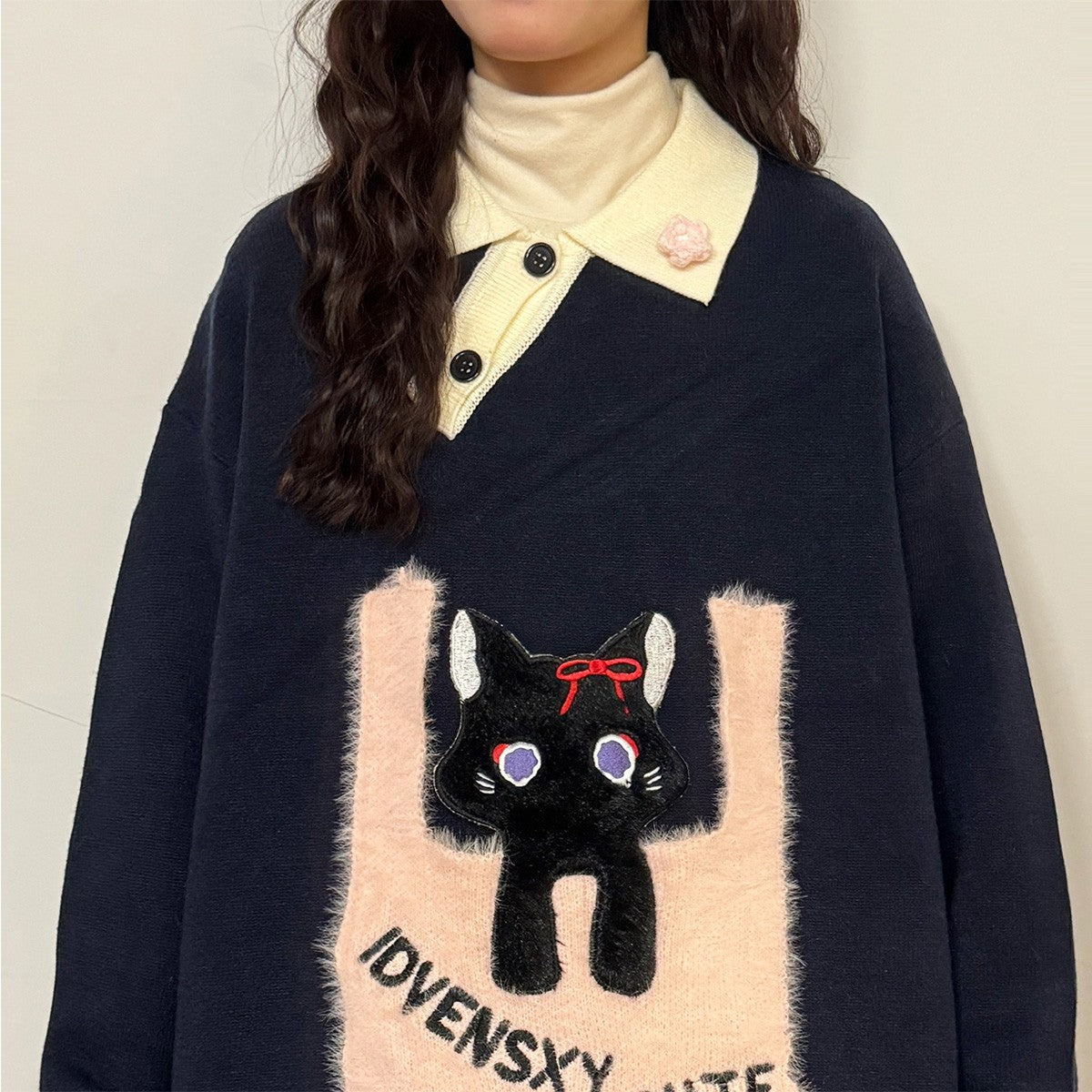 Peeking Black Cat Polo Sweater