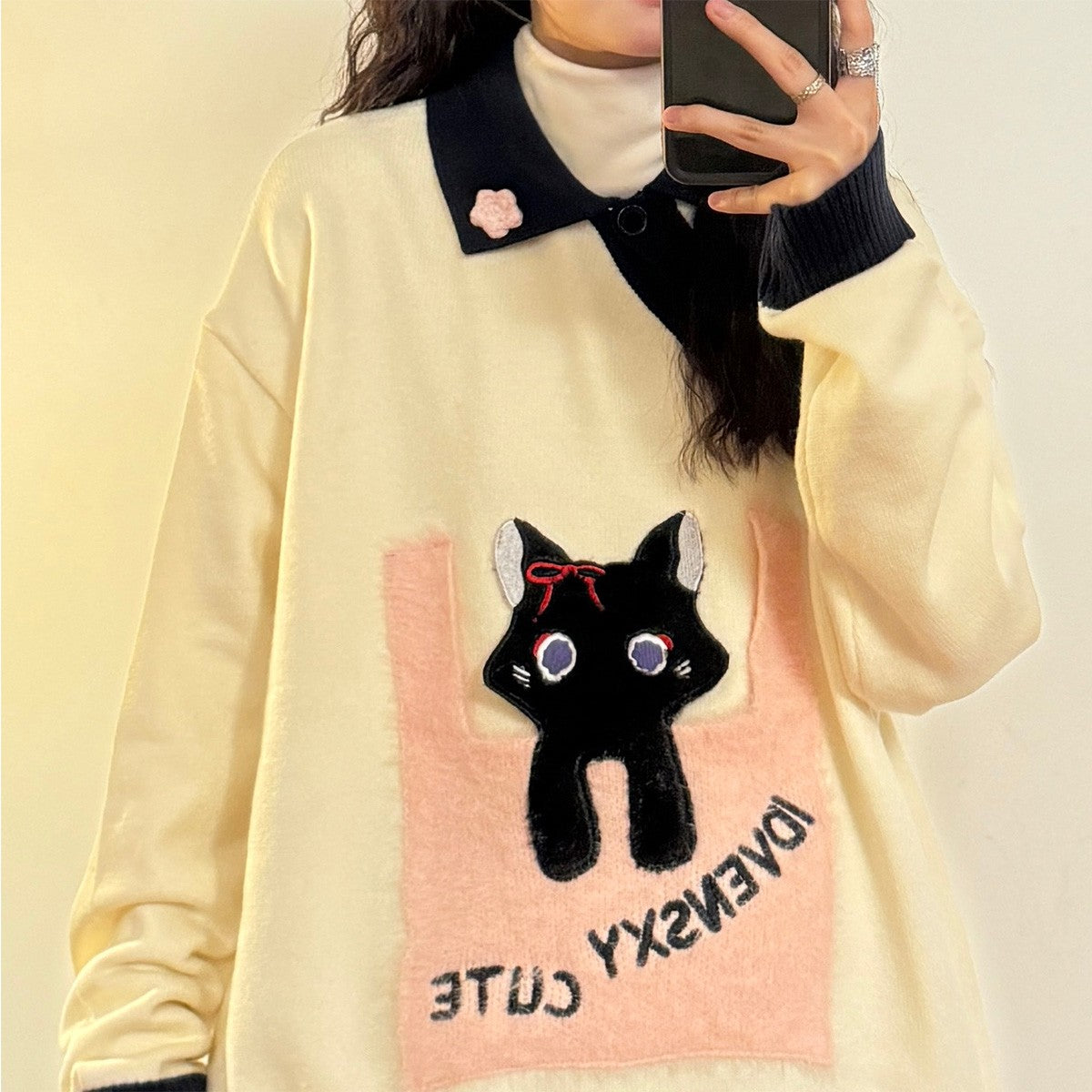 Peeking Black Cat Polo Sweater