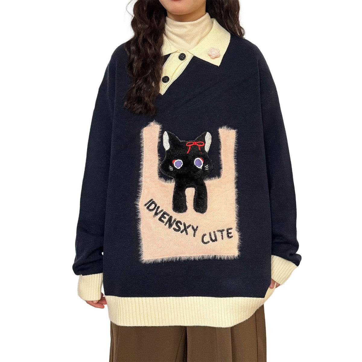 Peeking Black Cat Polo Sweater