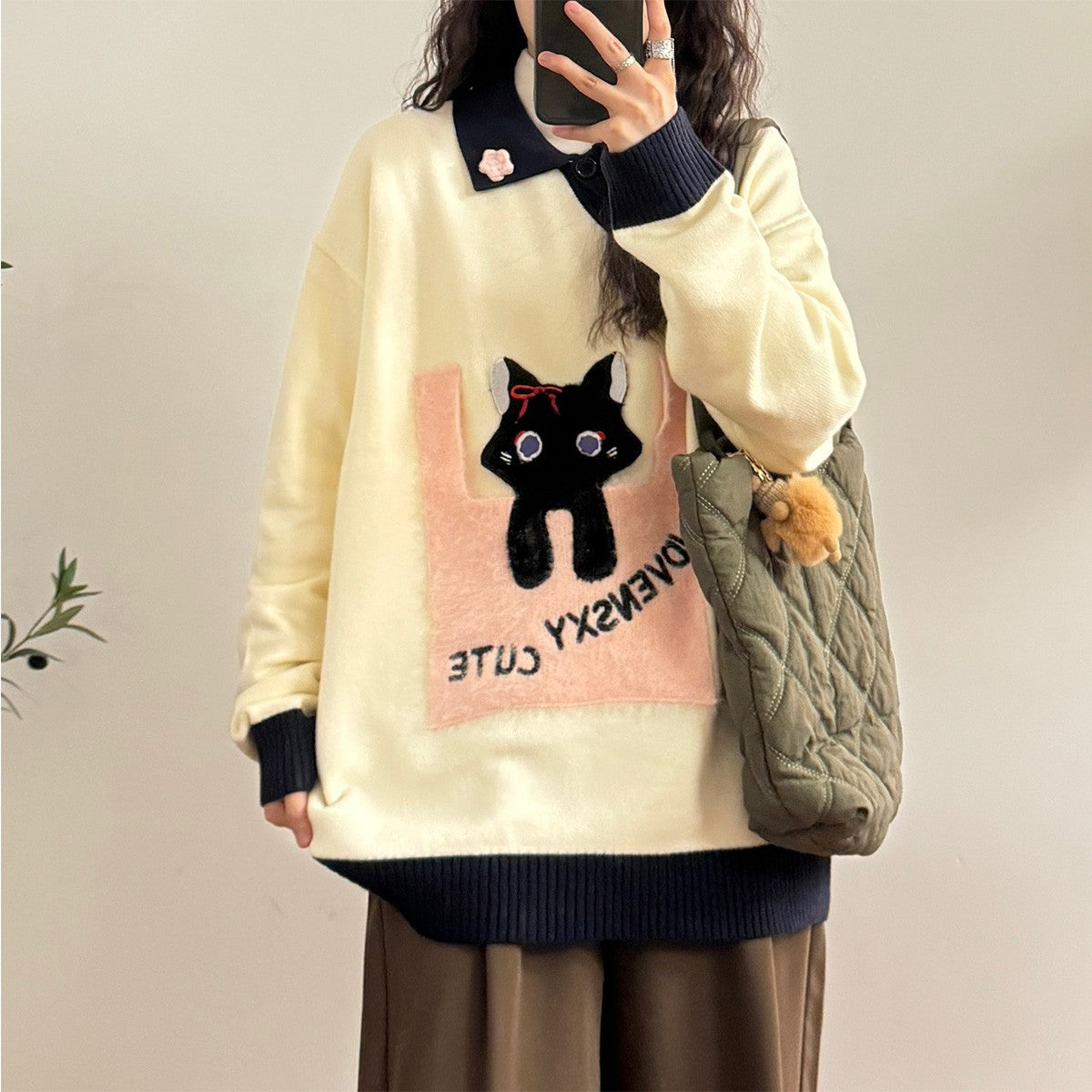 Peeking Black Cat Polo Sweater