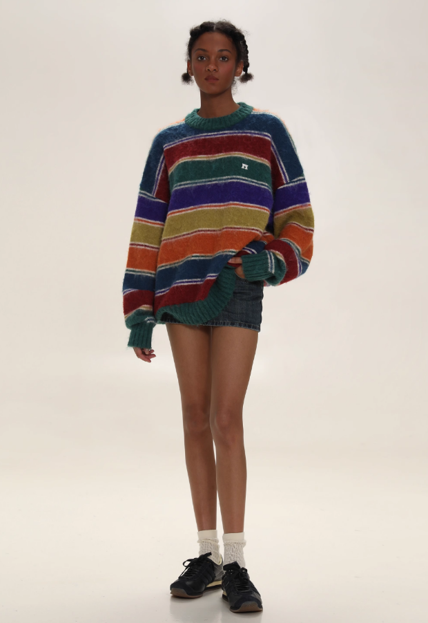 Color Stripe Fuzzy Knit Sweater