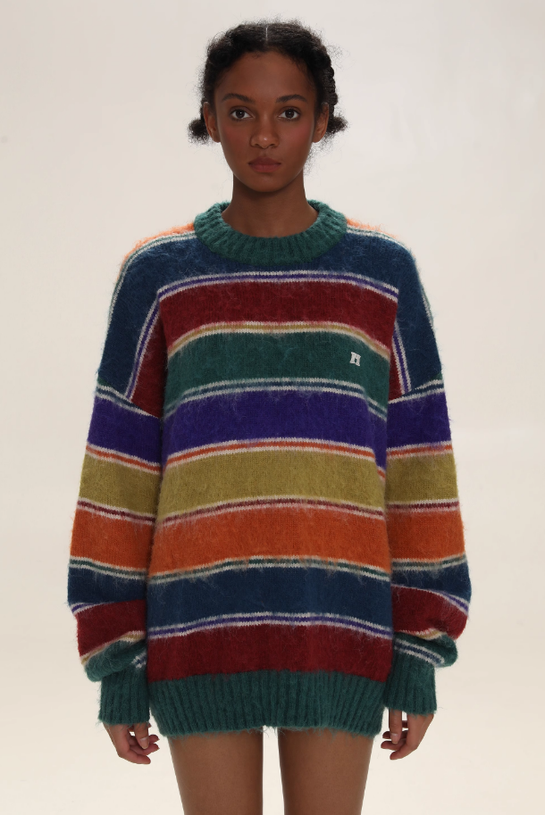 Color Stripe Fuzzy Knit Sweater