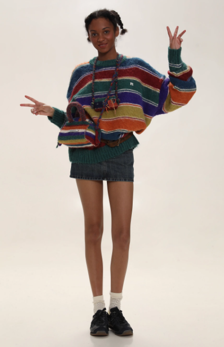 Color Stripe Fuzzy Knit Sweater